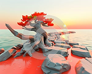 Stylized bonsai tree with bright red foliage on a rocky shore against a serene sunset over the ocean