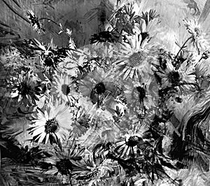 Stylized bouquet of chrysanthemums on grunge stained, striped dynamic background,black and white design