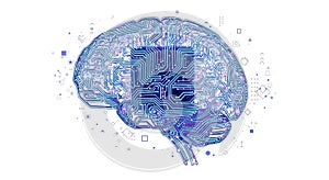 Stylized brain illustration with circuit board pattern on a white background with small shapes