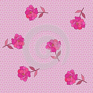 Stylized bright pink rose flowers on colorful polka dot background in vector. Endless print for fabric