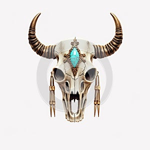 Stylized Bull Skull With Turquoise Stones And Leather