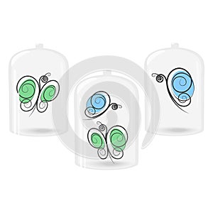 Stylized butterflies under glass lid with shadows and highlights. Set of 3 various design elements