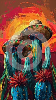 Stylizovaný kaktusy nošení sombrera velký ilustrující témata z cestovat a mexičan kultura 