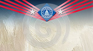 Stylized Capitol Seal on diamond with stars and red ribbons graphic background