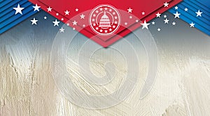 Stylized Capitol Seal on hanging banners and stars graphic background