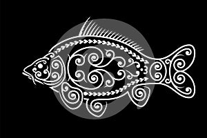 Stylized carp image. Maori ornament. Decorative fish. Black background.