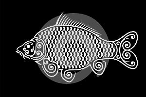 Stylized carp image. Maori ornament. Decorative fish. Black background.