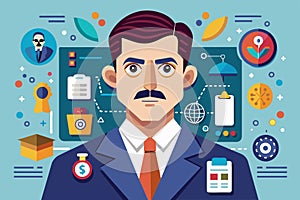 A stylized cartoon of a forensic expert with various related icons, Forensic expert Customizable Disproportionate Illustration