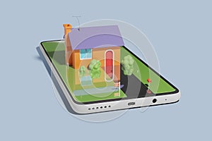 A stylized cartoon house for sale rising up from a mobile phone. Concept of online real estate. Buying and selling home online.