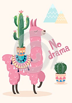 Stylized cartoon lama with ornament design and cactus. Vector card, poster. photo