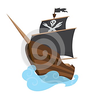 Stylized cartoon pirate ship illustration with Jolly Roger and black sails. Cute vector drawing. Pirate Ship sailing on