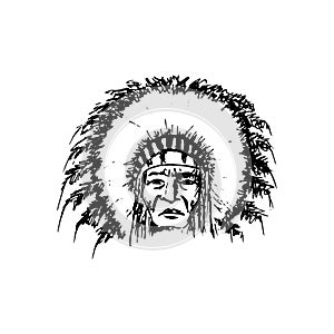 Stylized cartoon sketch North American Indian chief redskin man , face, isolated on white