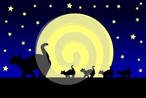stylized Cats and moon at night