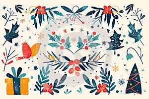 Stylized Christmas elements in a illustration, featuring birds and holly leaves surrounded by presents. Ai generated