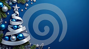 Stylized Christmas Tree with Blue Ornaments and Silver Ribbon on Deep Blue Background