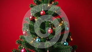 A stylized Christmas tree crown atop a vibrant red backdrop