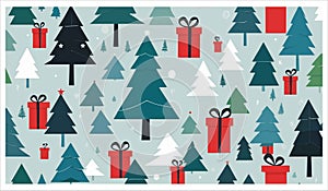 Stylized christmas trees and gift boxes festive seamless pattern