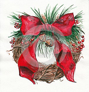 Stylized Christmas wreath as a festive attribute. Hand drawn watercolors on paper textures