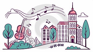 Stylized cityscape with buildings and musical elements vector design Generative AI