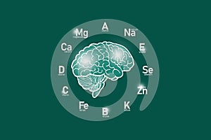 Stylized clockface with essential vitamins and microelements for human health, hand drawn human Brain, deep green background.