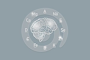 Stylized clockface with essential vitamins and microelements for human health, hand drawn human Brain, grey background.