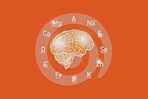 Stylized clockface with essential vitamins and microelements for human health, hand drawn human Brain, red background.