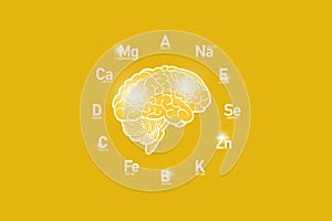 Stylized clockface with essential vitamins and microelements for human health, hand drawn human Brain, yellow background.
