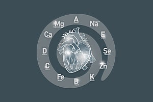 Stylized clockface with essential vitamins and microelements for human health, hand drawn human Heart, dark grey  background.