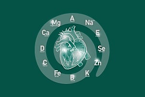 Stylized clockface with essential vitamins and microelements for human health, hand drawn human Heart, deep green background.