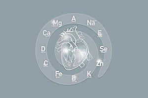Stylized clockface with essential vitamins and microelements for human health, hand drawn human Heart, grey background.