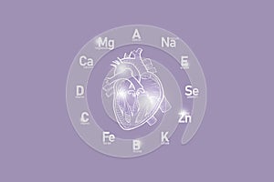 Stylized clockface with essential vitamins and microelements for human health, hand drawn human Heart, lilac background.