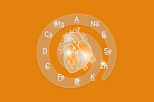 Stylized clockface with essential vitamins and microelements for human health, hand drawn human Heart, orange background.