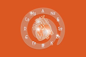Stylized clockface with essential vitamins and microelements for human health, hand drawn human Heart, red background.