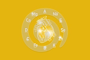 Stylized clockface with essential vitamins and microelements for human health, hand drawn human Heart, yellow background.