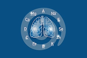 Stylized clockface with essential vitamins and microelements for human health, hand drawn human Lungs, dark blue background.