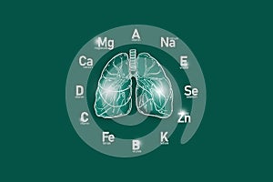 Stylized clockface with essential vitamins and microelements for human health, hand drawn human Lungs, deep green background.