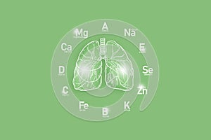 Stylized clockface with essential vitamins and microelements for human health, hand drawn human Lungs, light green background.
