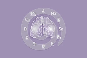 Stylized clockface with essential vitamins and microelements for human health, hand drawn human Lungs, lilac background.