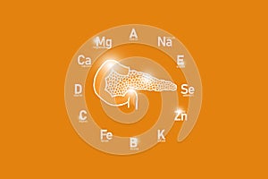 Stylized clockface with essential vitamins and microelements for human health, hand drawn human Lungs, orange background.