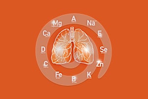 Stylized clockface with essential vitamins and microelements for human health, hand drawn human Lungs, red background.