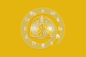 Stylized clockface with essential vitamins and microelements for human health, hand drawn human Lungs, yellow background.