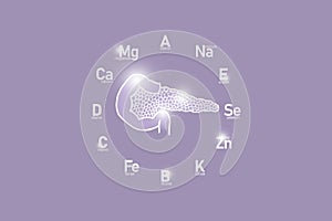 Stylized clockface with essential vitamins and microelements for human health, hand drawn human Pancreas, lilac background.