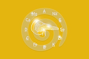 Stylized clockface with essential vitamins and microelements for human health, hand drawn human Pancreas, yellow background.