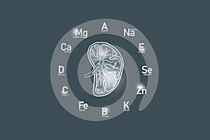 Stylized clockface with essential vitamins and microelements for human health, hand drawn human Spleen, dark grey  background.