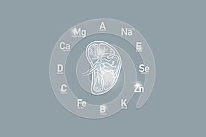 Stylized clockface with essential vitamins and microelements for human health, hand drawn human Spleen, grey background.