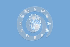 Stylized clockface with essential vitamins and microelements for human health, hand drawn human Spleen, light blue background.