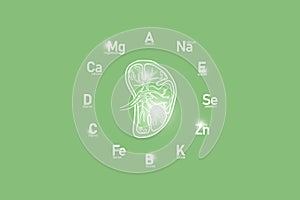 Stylized clockface with essential vitamins and microelements for human health, hand drawn human Spleen, light green background.