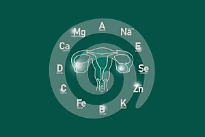 Stylized clockface with essential vitamins and microelements for human health, hand drawn human Uterus, deep green background.