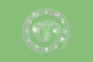 Stylized clockface with essential vitamins and microelements for human health, hand drawn human Uterus, light green background.