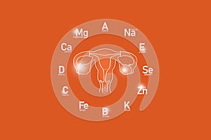 Stylized clockface with essential vitamins and microelements for human health, hand drawn human Uterus, red background.